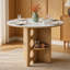Table de salle à manger ronde de style médiéval en pierre frittée blanche avec compartiments de rangement, pieds en bois aggloméré. Convient à une salle à manger pour une famille de 2 à 4 personnes. Plateau de table à deux couches.-1607732105
