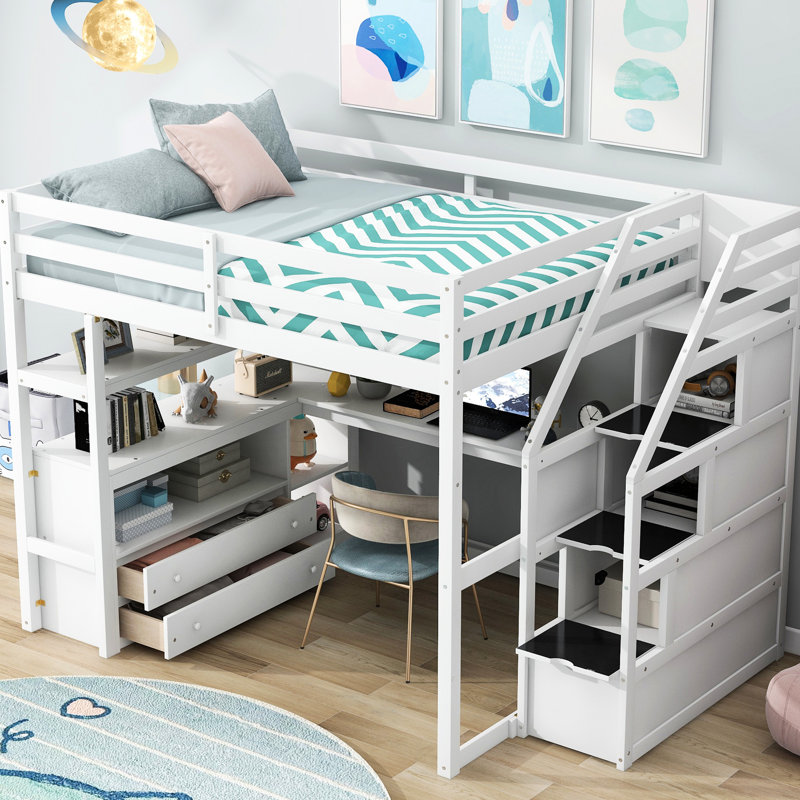 Lit mezzanine double blanc avec bureau, tablettes et amplement de rangement -, Lit double, Blanc