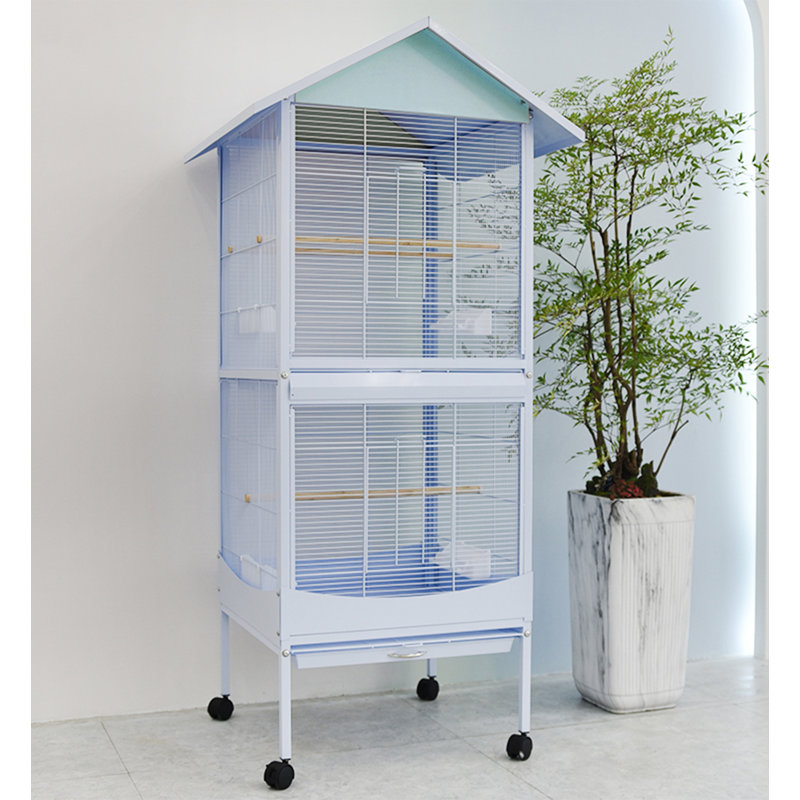 Cage à perroquet moderne en métal bleu clair à double couche avec plateau coulissant