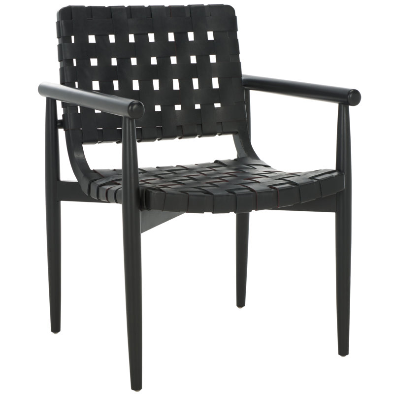 Keili Upholstered Armchair, Black Genuine Leather, Black Mahogany Wood