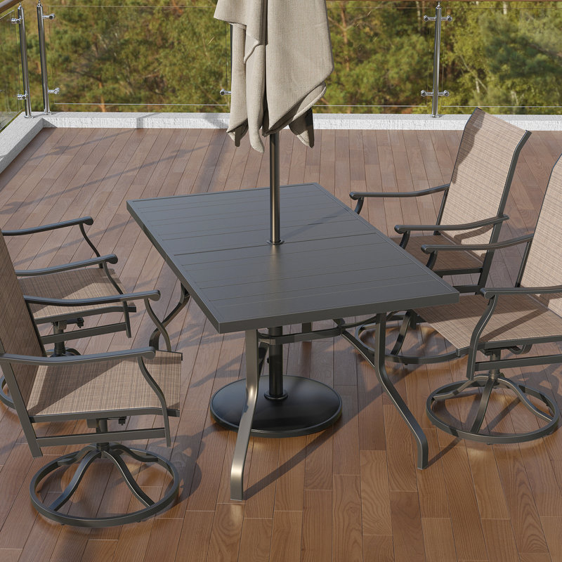 Table de salle à manger d'extérieur 60 po x 35 po avec trou pour parasol 1,57 po, métal, noir, convient aux barbecues en métal dans la cour et au bord de la piscine