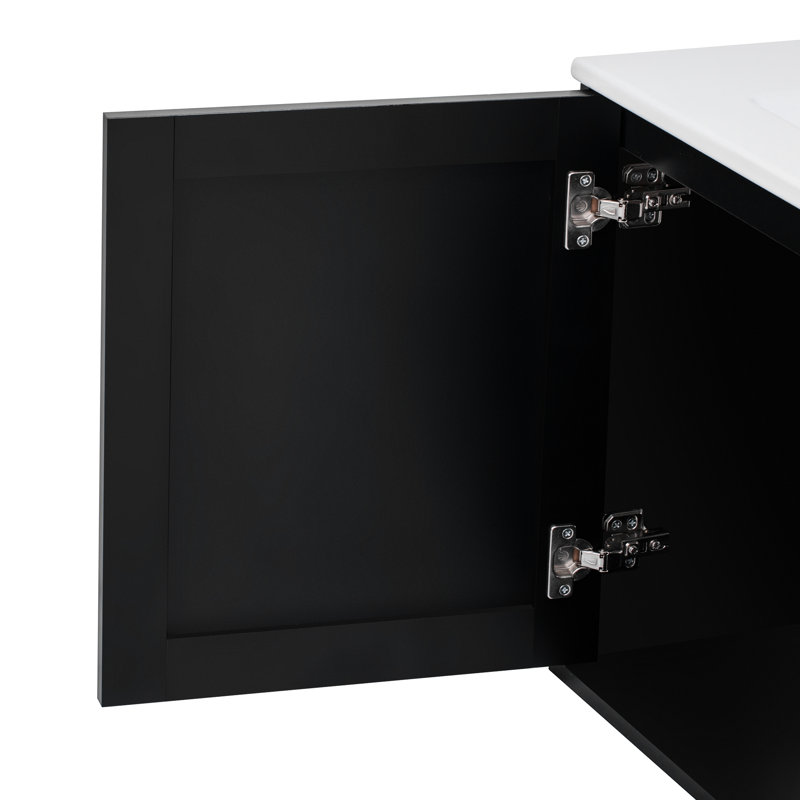 Armoire de meuble-lavabo 24 po, lavabo en céramique, tiroirs pleine extension, charnières silencieuses, armoire avec design, lavabo inclus, compartiments, fonction de fermeture en douceur