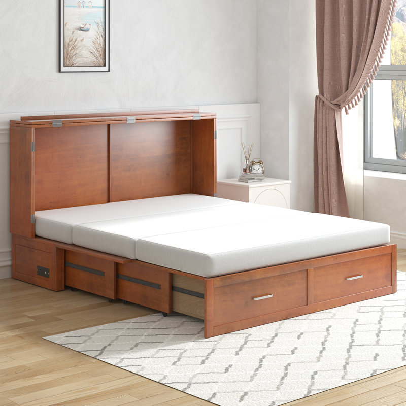 Modern Queen Murphy Cabinet Bed with Storage Drawer and USB Charging Station For Bedroom,Guest Room, Brown