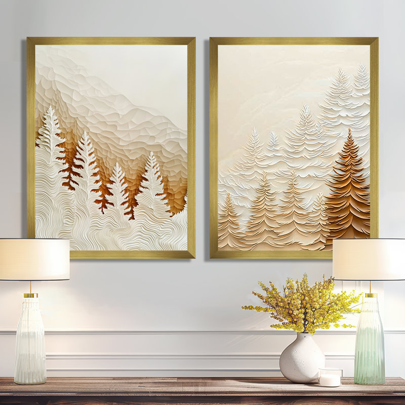 «Mist Over the Pines Autumn Forest I», impression d'art mural 2 pièces, H 32 po x l 48 po, Cadre doré simple