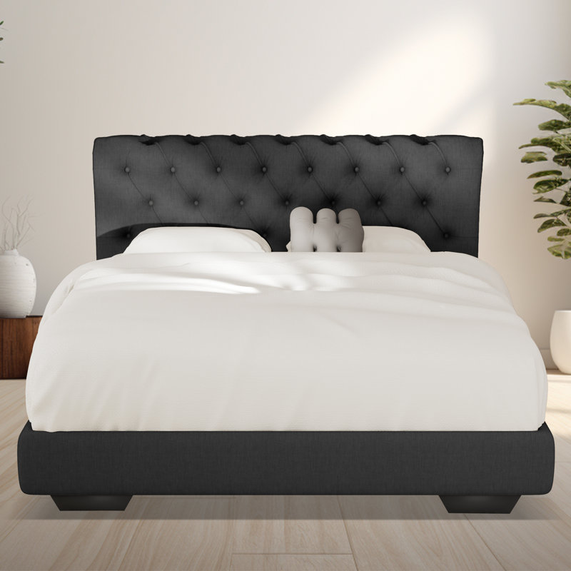 Structure de lit rembourrée en tissu de lin avec tête de lit réglable / style Chesterfield / support à lattes de bois, Noir