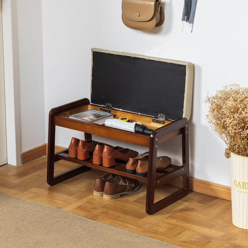 Banc en bois massif, banc à chaussures d'entrée avec coussin, compartiment de rangement rabattable, range-chaussures à 2 niveaux (beige, L 21,65 po)