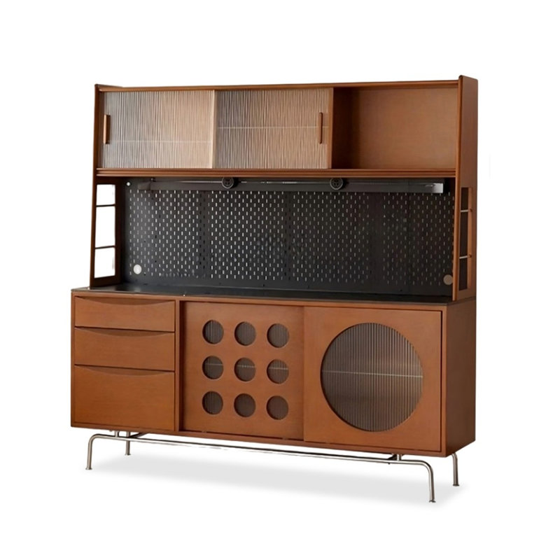 Buffet en bois massif et composite noir, fini noyer, avec comptoir en pierre, 58.66"W*17.52"D*70.47"H