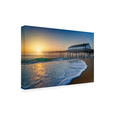 Wrapped Canvas Wall Art - Rick Berk 'Sunrise at Kitty Hawk Pier' Wall Art for Living Room, Bedroom, or Office Décor  - 22x32