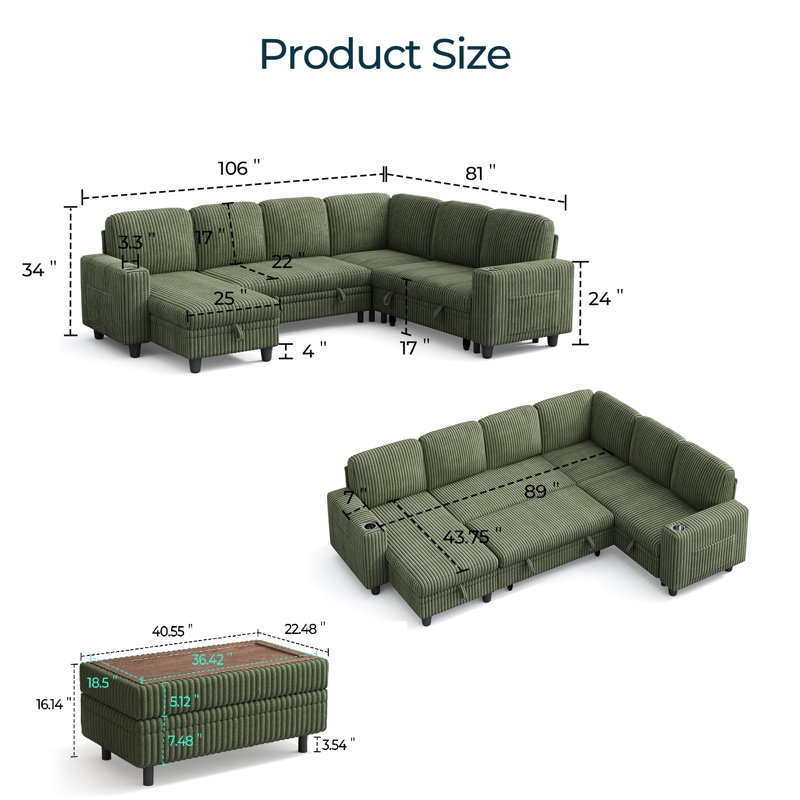 Canapé modulaire rembourré Sherry de 106 po avec repose-pieds et charge USB Sherry, Velours côtelé vert forêt Bella