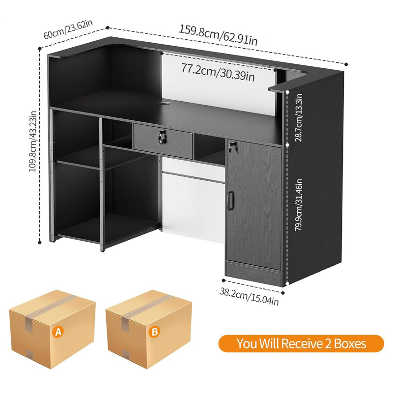 Modern Reception Desk With Led Lights, 63 Inches Front Counter Table With Lockable Drawer & Shelves