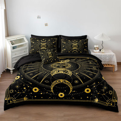 Sun and Moon Comforter Set Boho Hippie Bedding Trippy Cosmos Celestial Decor Soft Cozy Galaxy Bed Set 8 Pcs Bed in a Bag Black Galaxy Comforter Set with Sheets