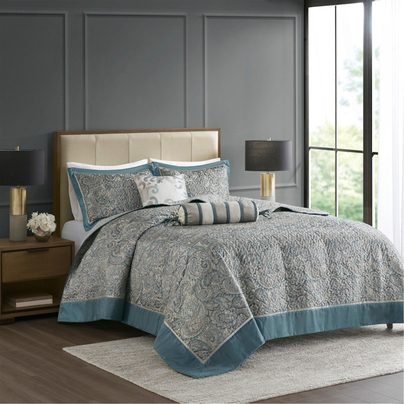 5 Piece Jacquard Bedspread Set with Throw Pillows Teal Queen, Couvre-lit très grand + 4 pièces supplémentaire