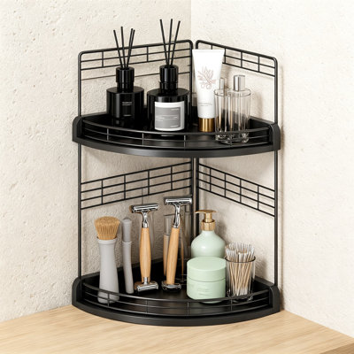 Bathroom Countertop Corner Organizer for Small Spaces, Two-Tier Counter Shelf with Wood and Iron Frame, Fan-Shaped Corner Shelf for Sink and Vanity, Skincare and Toiletries Storage