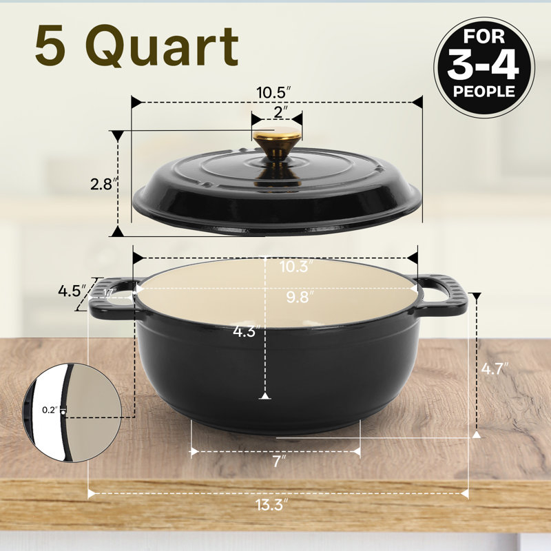 Winado Non-Stick Cast Iron Round Dutch Oven, 4.7 L, Black