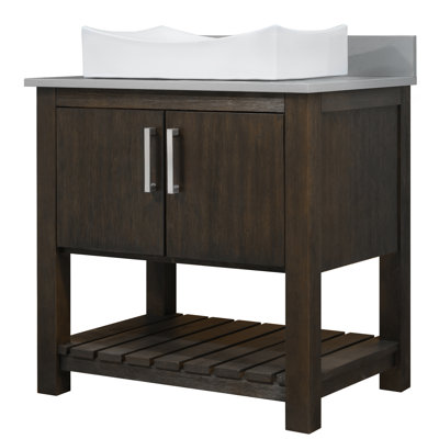 Meuble-lavabo de 30 po avec comptoir et lavabo en quartz gris orage, quincaillerie en nickel brossé et miroir