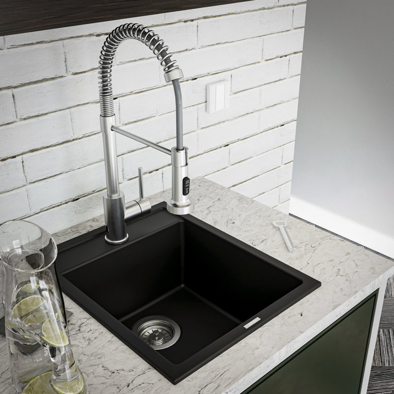 Black Quartz Composite Single Bowl Drop-In Kitchen Sink