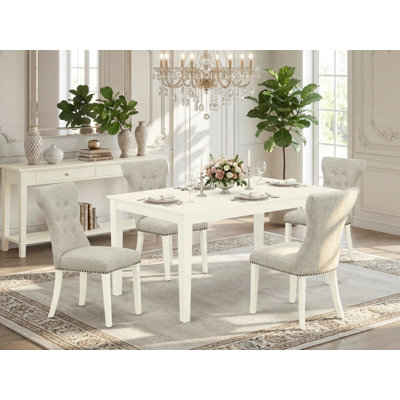 Ensemble de table de salle à manger 5 pièces comprenant une table de cuisine rectangulaire et 4 chaises Parsons en tissu de lin, blanc lin