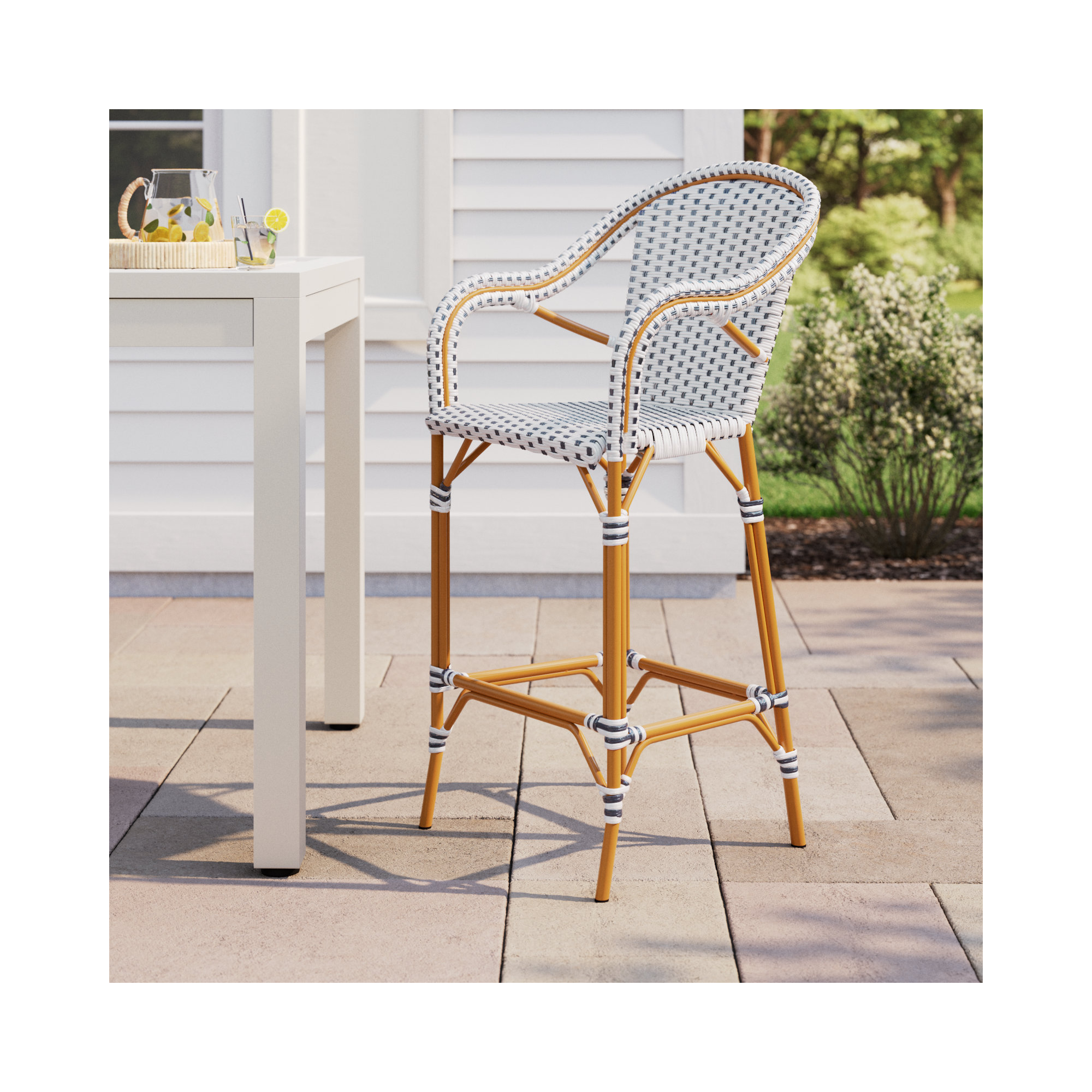Popplewell 46.5'' Aluminum Outdoor Bar Stool, White/Navy