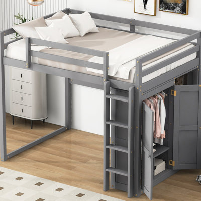 Lit mezzanine double gris avec garde-robe, étagères, rangement à ampoules DEL, garde-robe en tissu