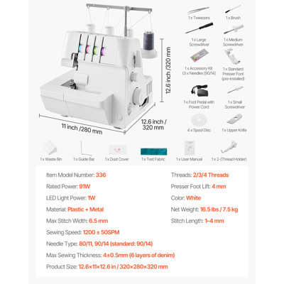 Serger Overlock Sewing Machine, 1250 Stitches Per Minute, 2-3-4 Thread Capability, 0.7-2 Adjustable Differential Feed, Sewing Machine for Various Fabrics, White, Featuring Free Arm and LED Light
