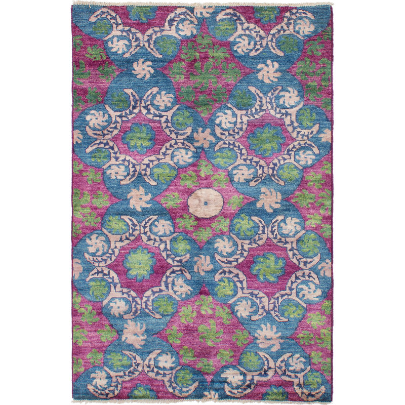 Tapis unique rose / vert / bleu en laine noué à la main de style années 2010 de 5 pi 3 po x 8 pi 1 po Kani
