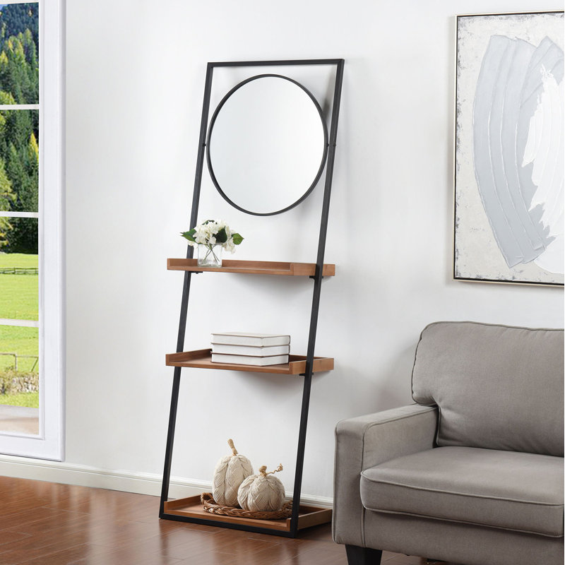 Lorilai Decorative Standing Shelves - Round Mirror - Wood Brown Finish