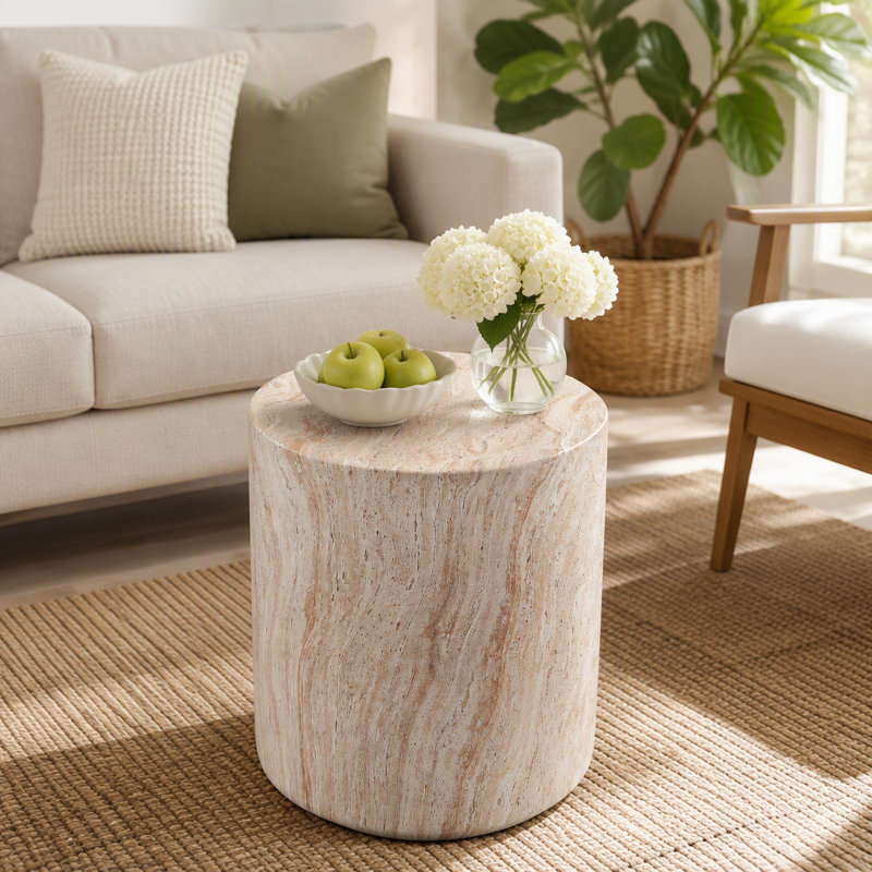 Table basse cylindrique haute d'appoint, table basse ronde en imitation travertin MgO, table décorative d'intérieur et d'extérieur pour la maison, la terrasse ou le jardin.