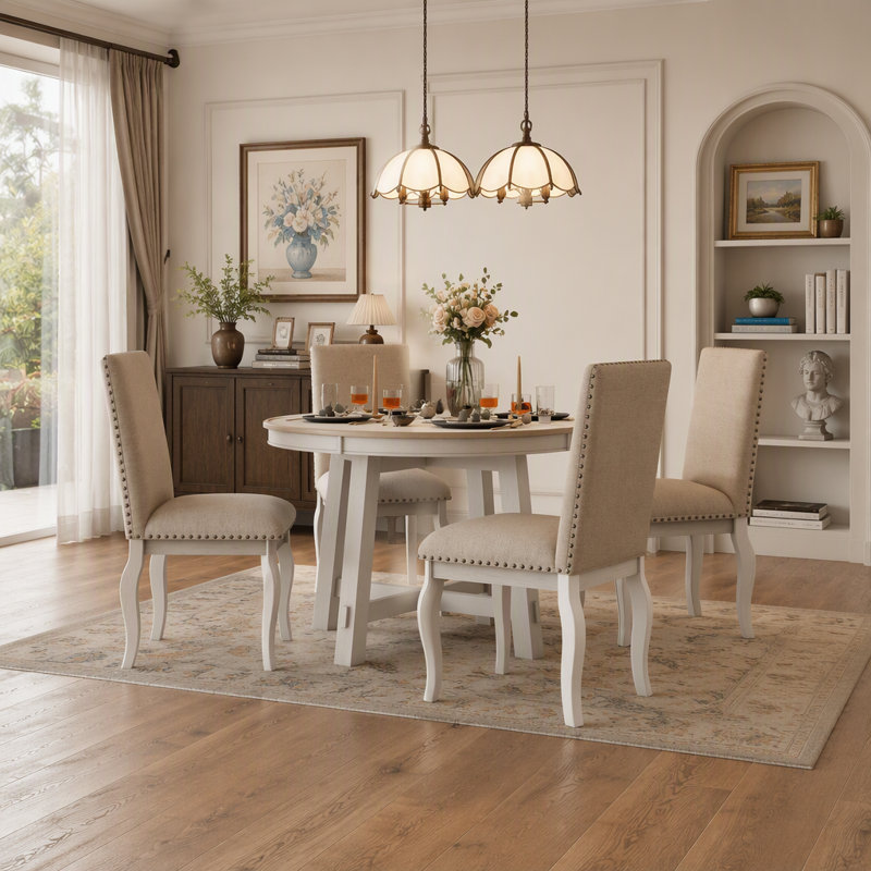 Ensemble de table de salle à manger 5 pièces Farmhouse, Bois de chêne naturel / blanc antique, Gris blanc antique