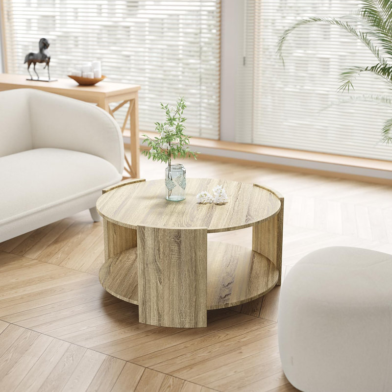 Light Brown Round Wood Coffee Table with 2-Tier Storage