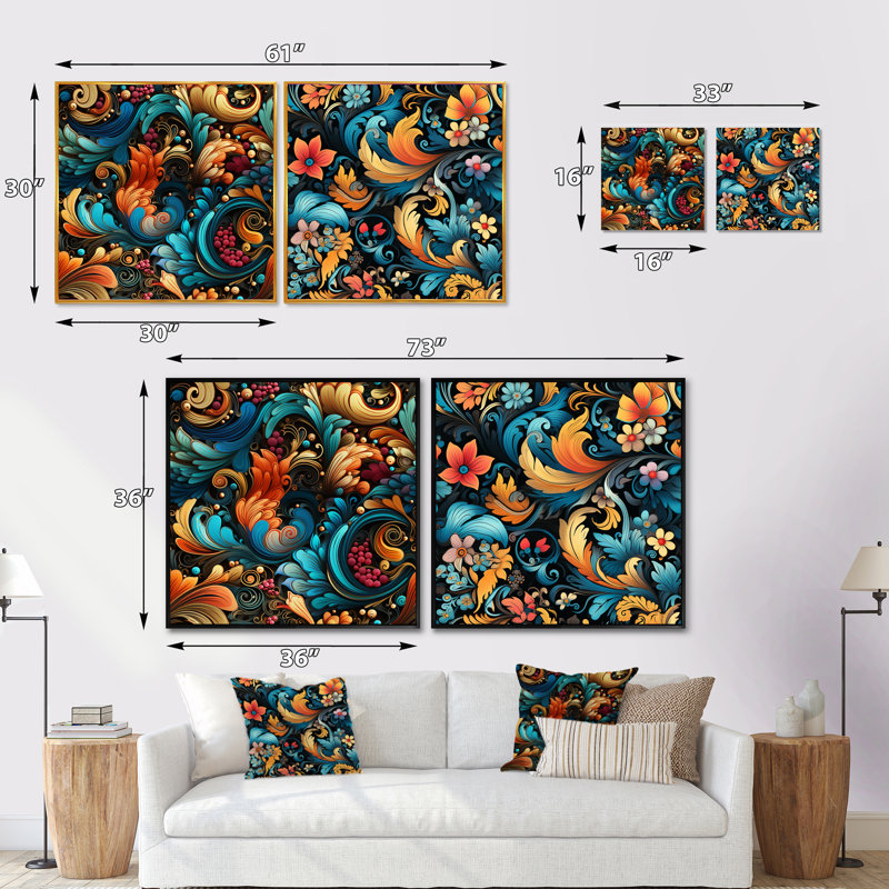 Kerr - Ensemble de 2 collages floraux et botaniques carrés, Cadre flottant noir, H 16 po x l 33 po