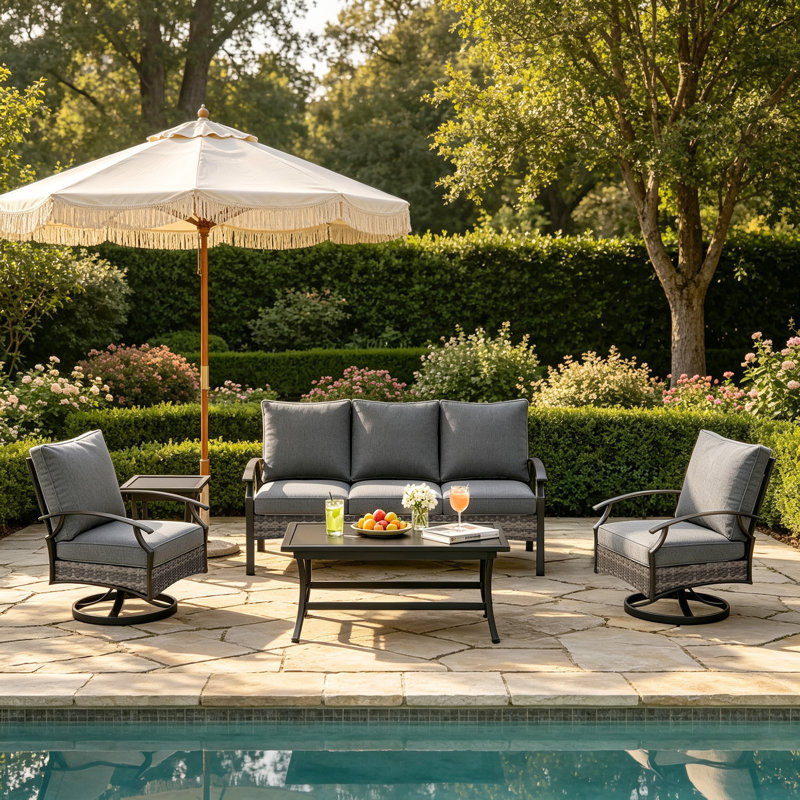 Ensemble de patio extérieur en métal pour 5 personnes avec deux tables et décoration en osier Charron, Gris