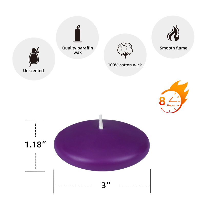 Ensemble de bougies flottantes non parfumées, Mauve, Hauteur de 1,5 po, diamètre de 3 po, Ensemble de 12