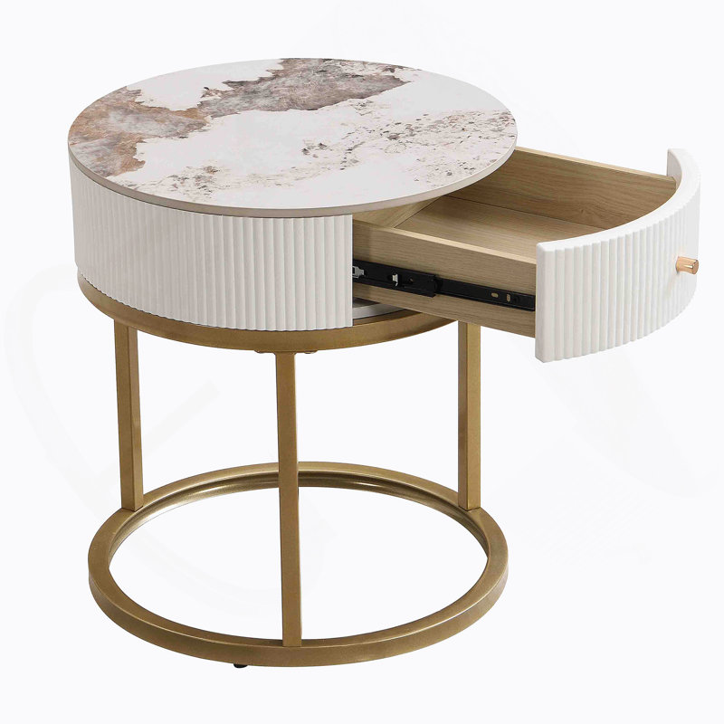Table de bout ronde 19,68 pouces avec tiroir et table de bout ronde en marbre avec rangement