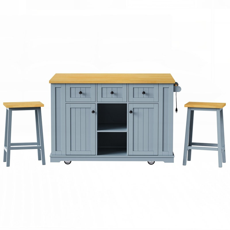 Grand îlot de cuisine de 53 pouces avec tabourets de bar, prise de courant, rangement et mobilité pour une expérience de cuisson améliorée