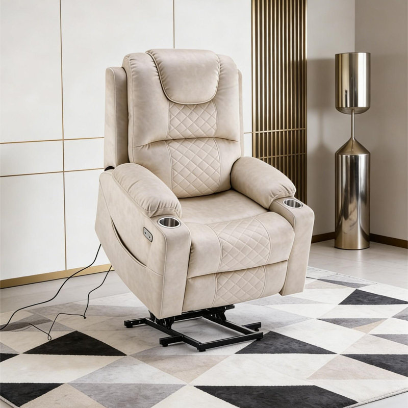Upholstered Power Lift Chair For Elderly,Recliner With Heat & Massage,Cup Holders And Usb Ports, Creamy White
