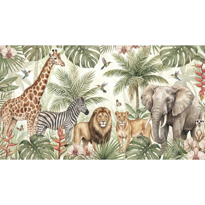 Papier peint animaux de la jungle, aquarelle tropicale, 140 po x 108 po, Peler et coller