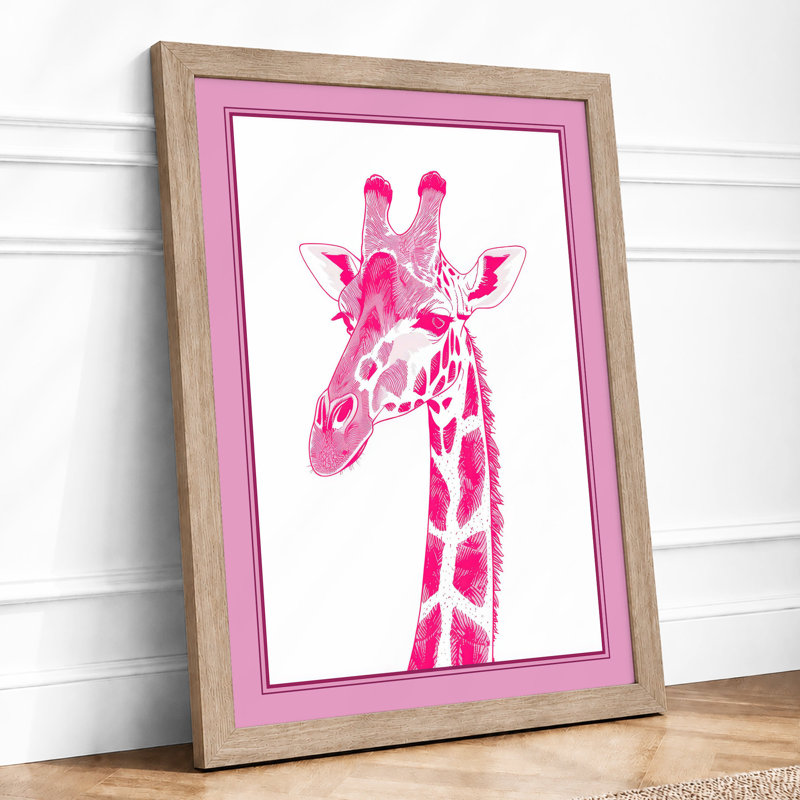 Pink Giraffe Modern - Framed Print, Oak, A3 - 42.0 x 29.7 cm