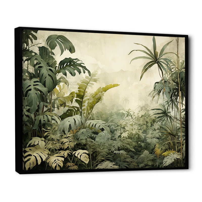 Paysage de jungle rétro - art mural jungle, Cadre flottant noir, H 34 po x l 44 po x P 1,5 po