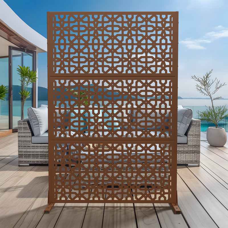 6 ft. H x 4 ft. W Metal Privacy Screen Fence Panel Flower Pattern, Brown