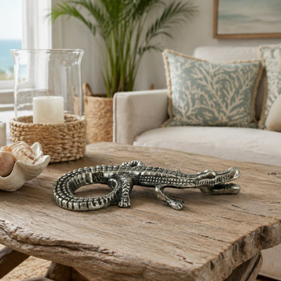 Sculpture décorative en aluminium représentant un alligator, idéale pour la décoration intérieure – Objet de décoration moderne pour le salon, à poser sur une étagère ou une table – 28 cm, argent et gris anthracite