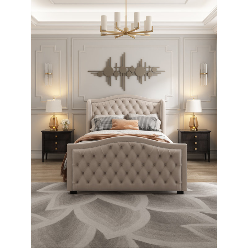 Lit capitonné standard à profil bas, Beige
