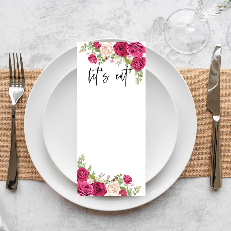 Cartes de menu de mariage imprimables pour imprimantes bricolage Nude And Deep Red Roses, paquet de 52