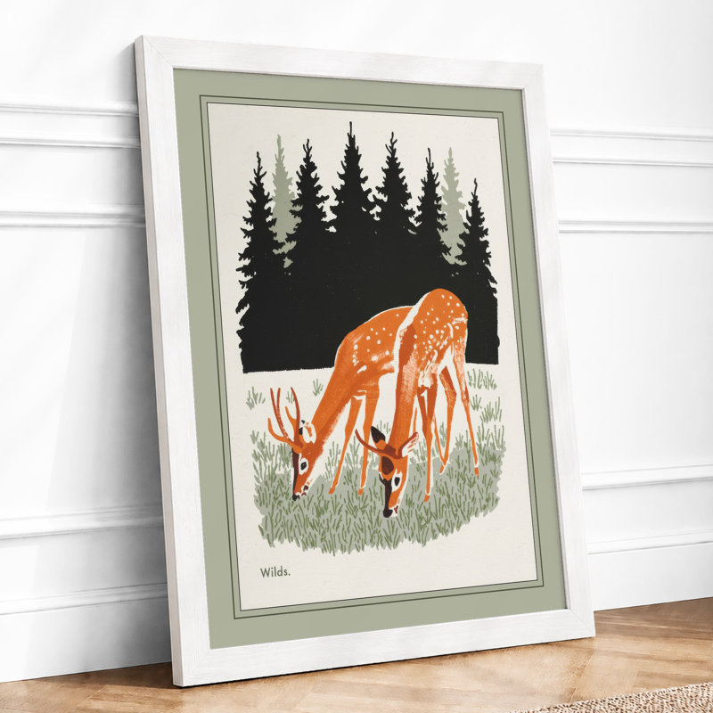 Grazing Deer in Meadow Rustic - Framed Print, A4 - 29.7 x 21.0 cm, White