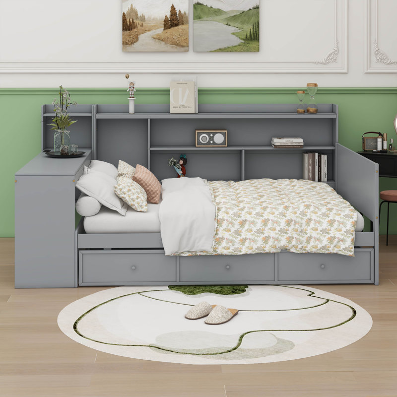 Wooden Daybed With 3 Drawers, USB Ports And Desk, Gray, Full