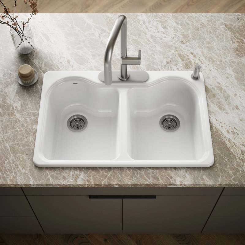 Hartland 33" L x 22" W x 9-5/8" Double Basin Drop-In Kitchen Sink, 4 Hole, White