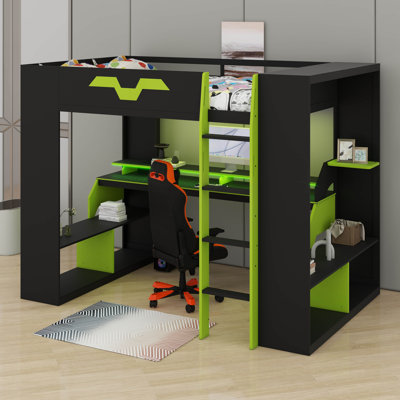 Lit mezzanine en bois avec prise de courant et ports USB / Type-C, gestion des câbles intégrée et lumière RVB