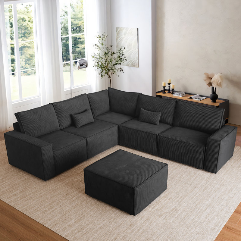 Bennett 6-Piece Upholstered Corduroy Sectional, Black Corduroy