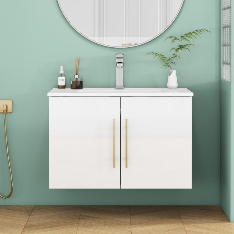 Meuble-lavabo mural 30 po avec lavabo, Blanc lustré
