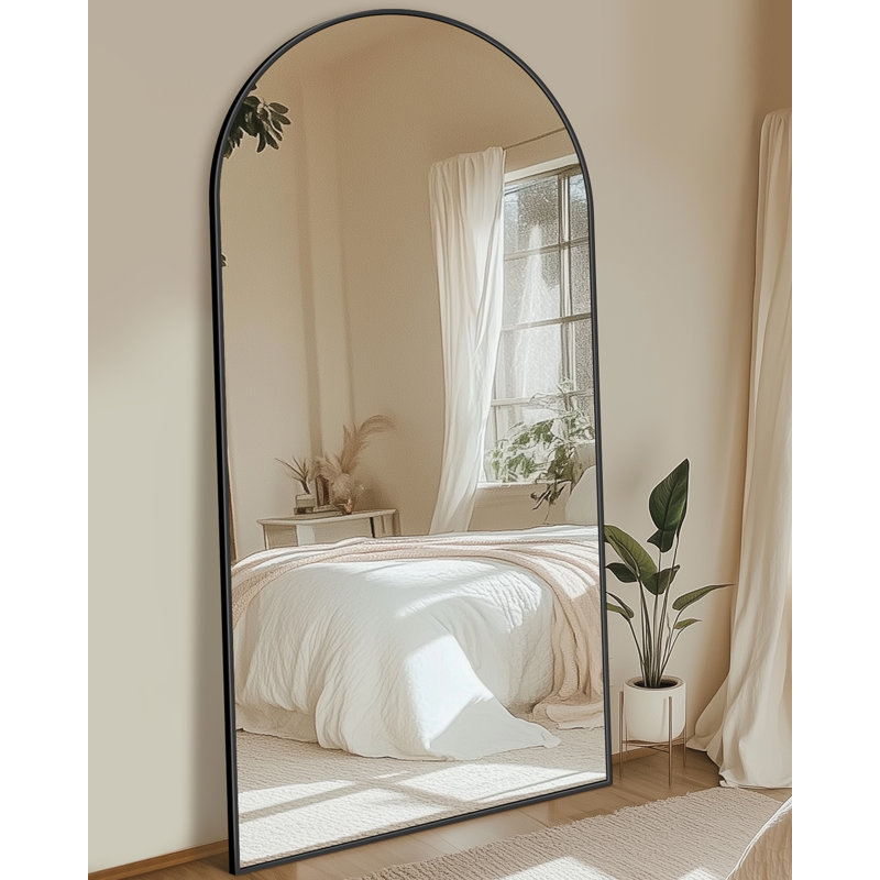 Miroir de plancher noir arqué avec support, miroir autoportant de 38 po x 77 po pour chambre à coucher, 77 po x 38 po, Noir