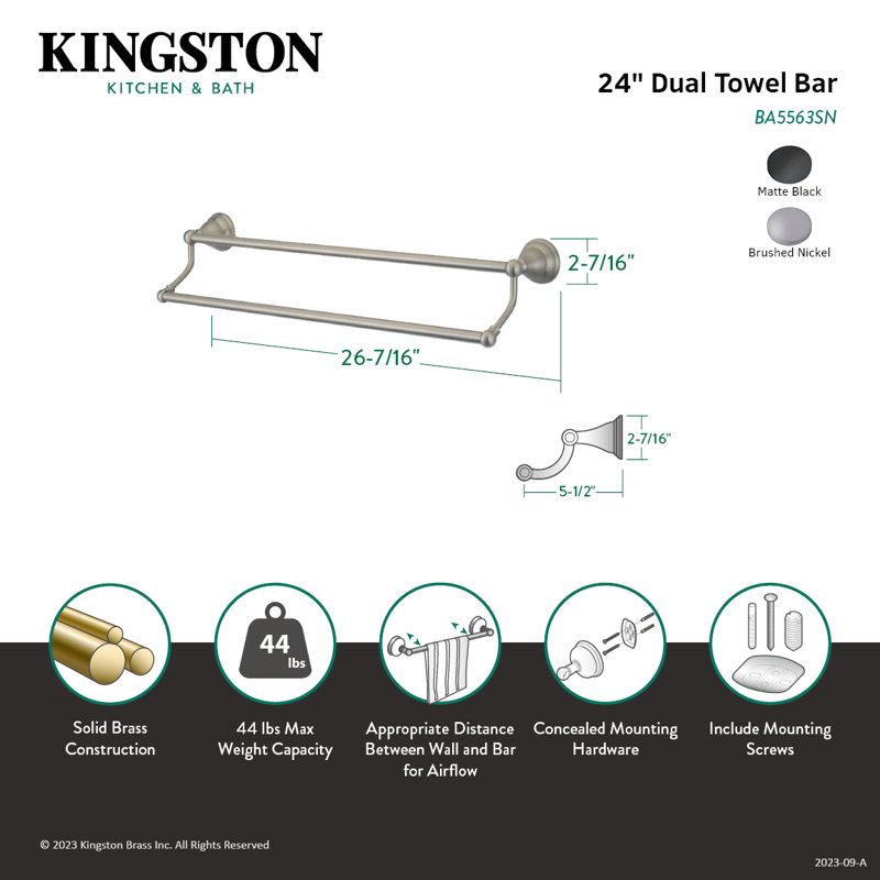 Barre à serviettes double 24 po Kingston Brass Royale, Noir mat